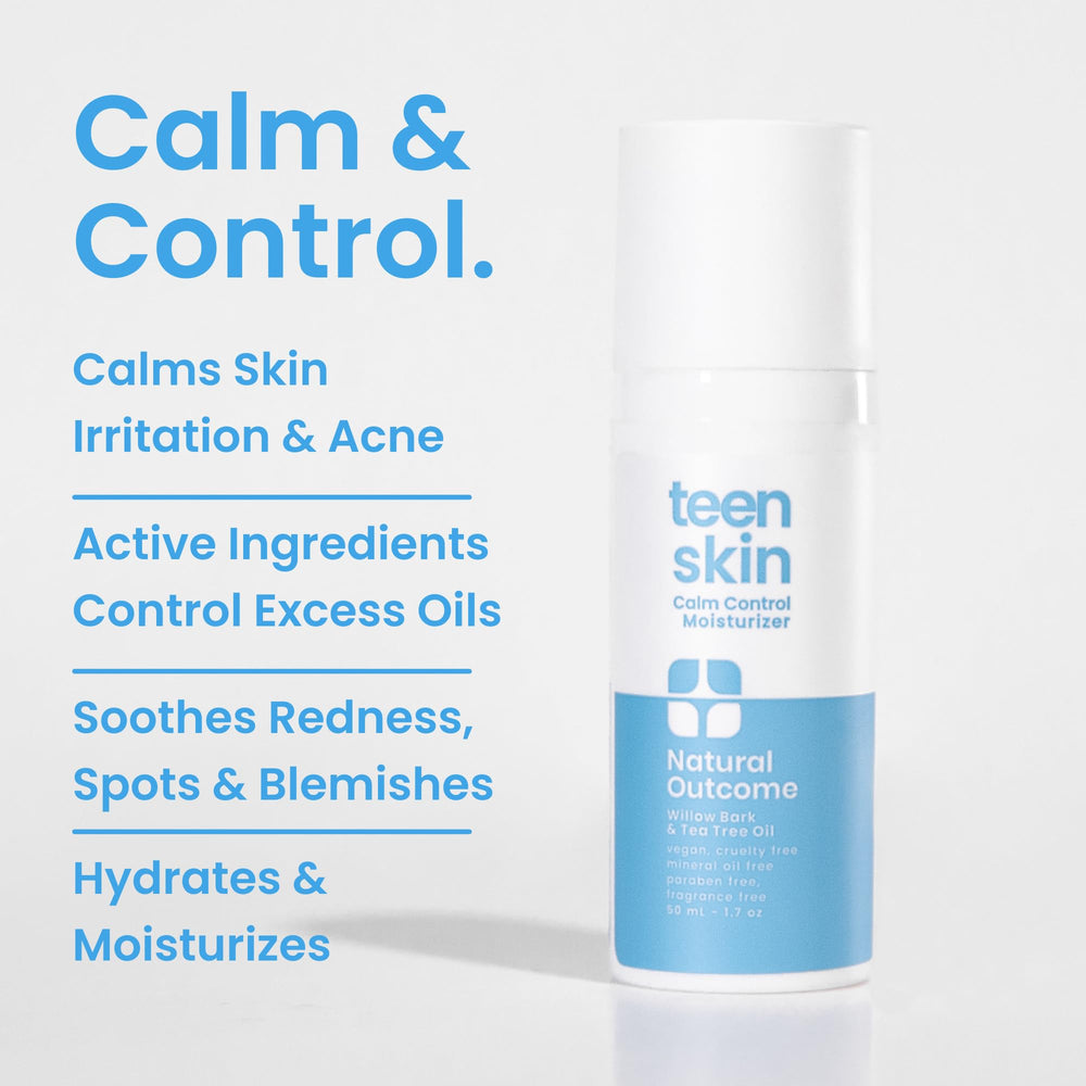 Natural Outcome Teen Skin Calm Control Moisturizer texture closeup highlights lightweight non-greasy formula.