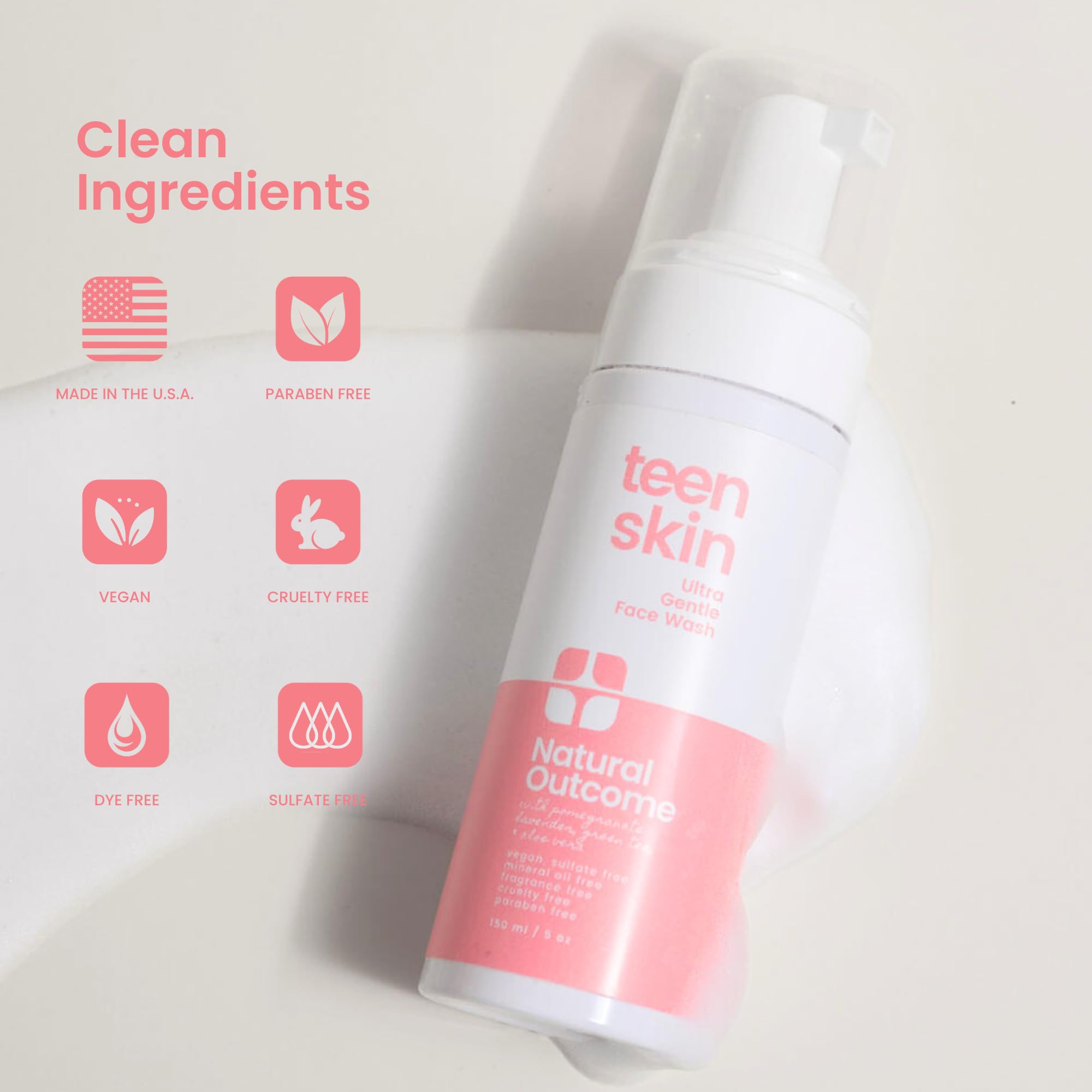 Texture close-up highlights airy foam suited for sensitive teen skin.