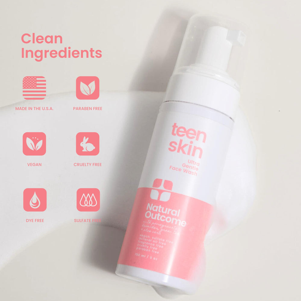Texture close-up highlights airy foam suited for sensitive teen skin.