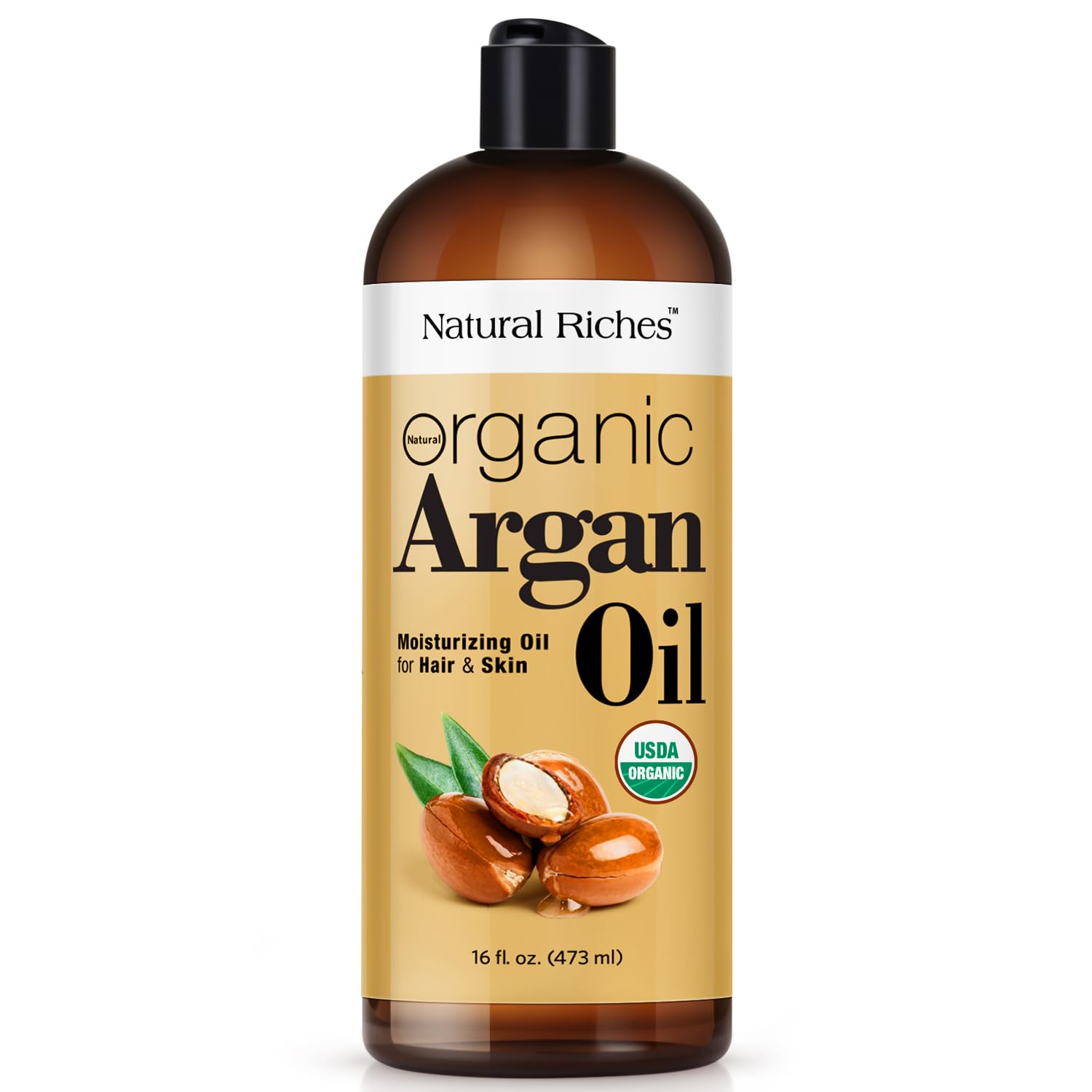 Natural Riches argan oil bottle highlights premium oil for glossy hair and hydrated skin.