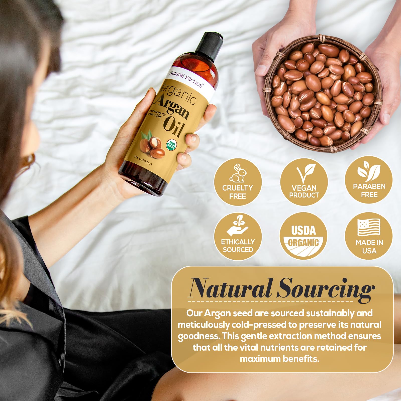 Natural Riches argan oil on the face for rich hydration.