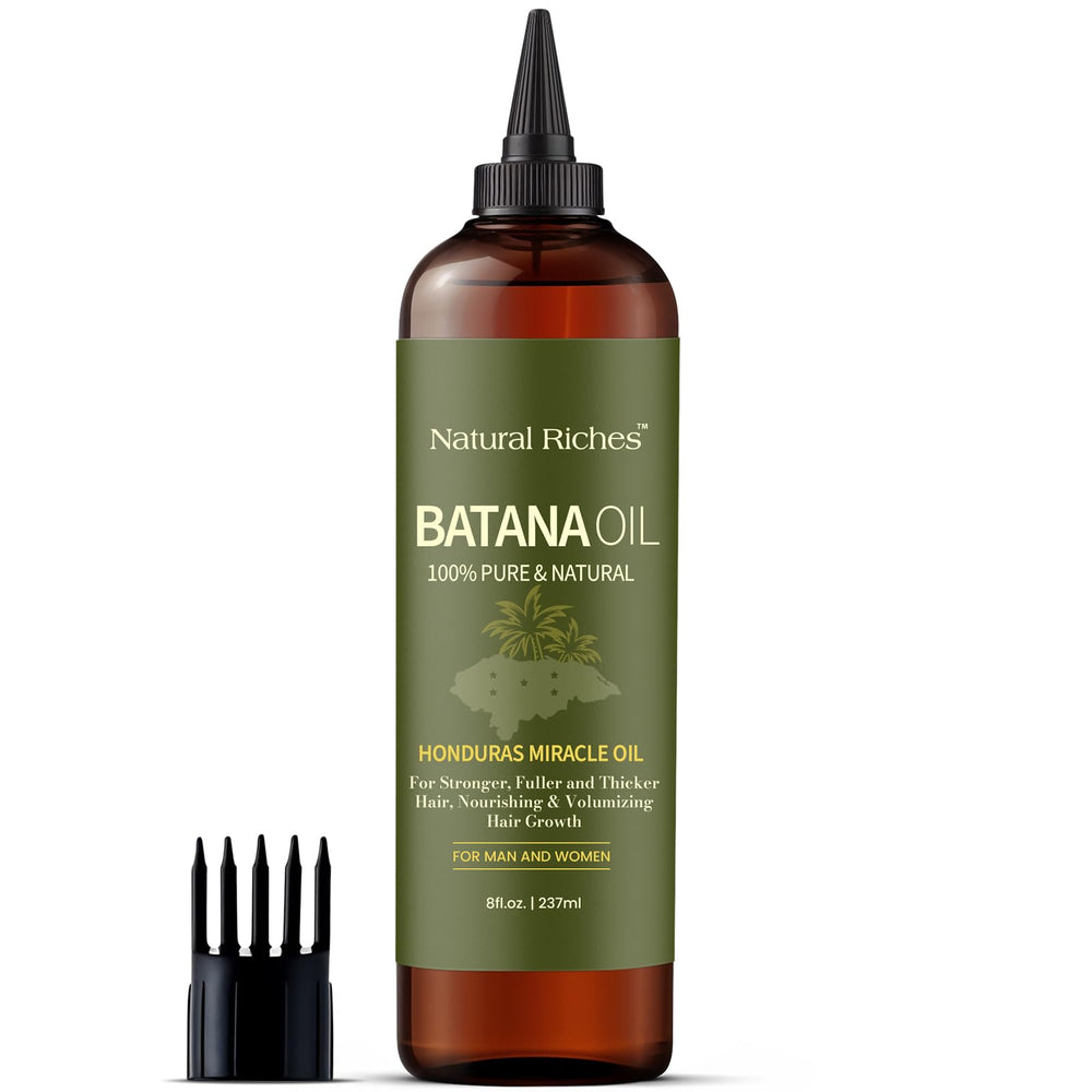 Natural Riches Batana oil bottle on wood evokes premium, versatile hair care ritual.