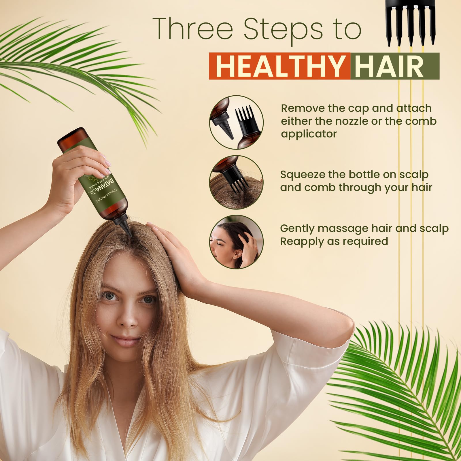 Natural Riches Batana oil scalp application for moisturized, soothed hair and reduced frizz.