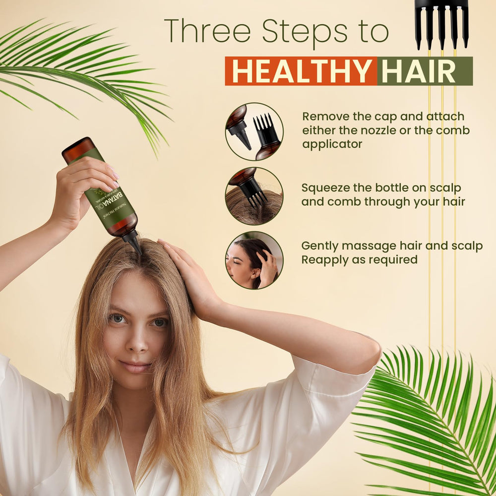 Natural Riches Batana oil scalp application for moisturized, soothed hair and reduced frizz.