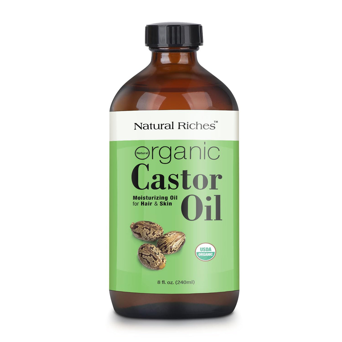 Natural Riches castor oil in amber glass bottle preserves purity and nutrients for skin and hair care.