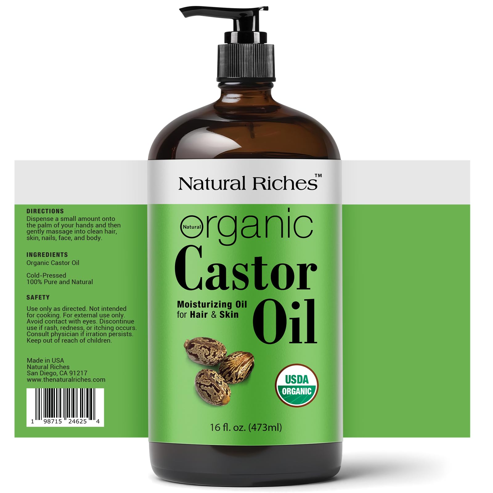Natural Riches castor oil amber glass close-up shows purity and texture.