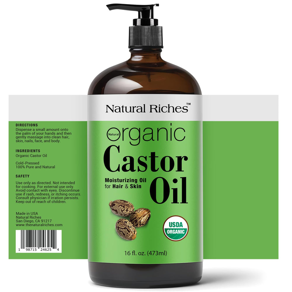 Natural Riches castor oil amber glass close-up shows purity and texture.