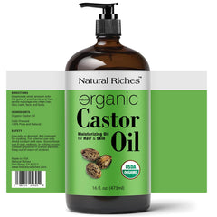 Natural Riches castor oil amber glass close-up shows purity and texture.