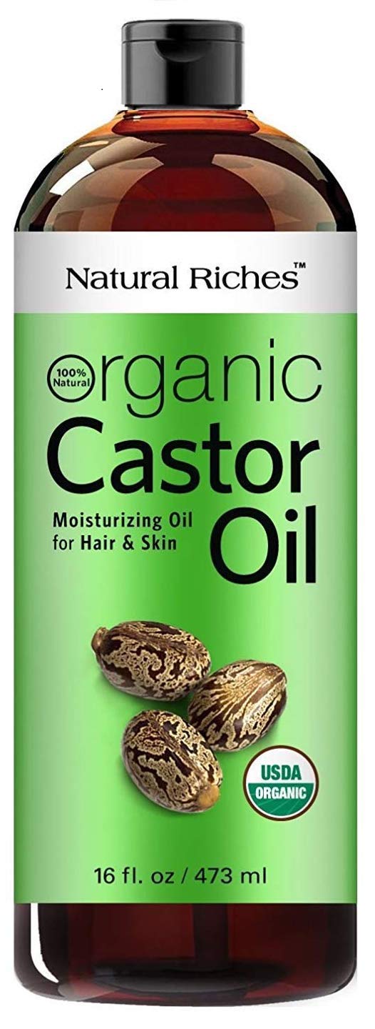 Natural Riches Castor Oil bottle closeup for skin and hair care.