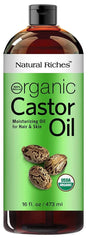 Natural Riches Castor Oil bottle closeup for skin and hair care.