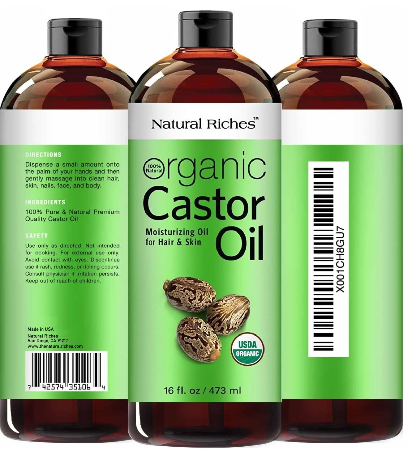 Natural Riches Castor Oil label detail showing USDA organic certification.