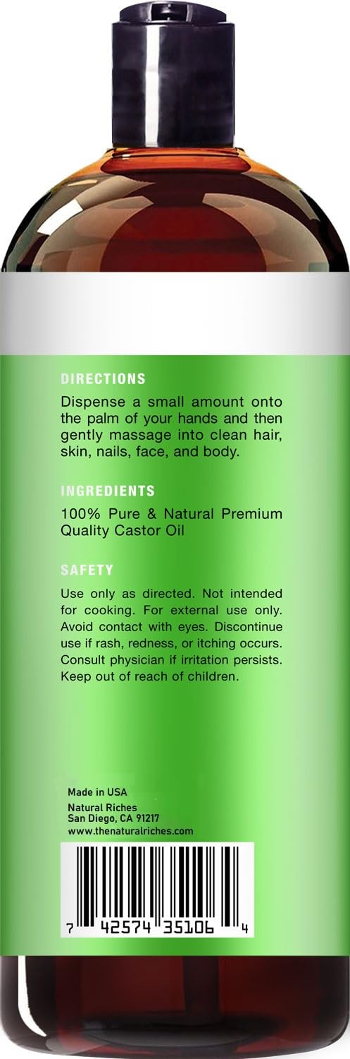 Natural Riches Castor Oil packaging on shelf highlighting hexane-free formula.