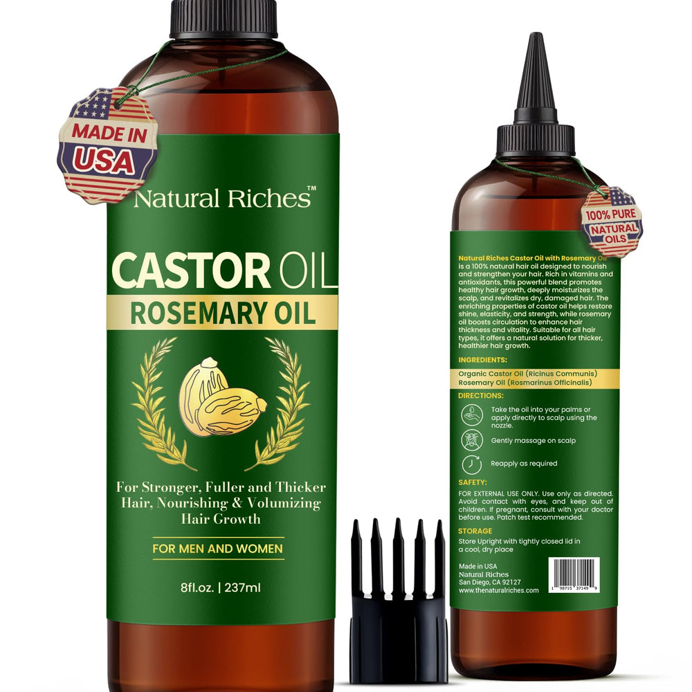 Natural Riches Castor Oil with Rosemary bottle highlights nourished, fuller-looking hair.