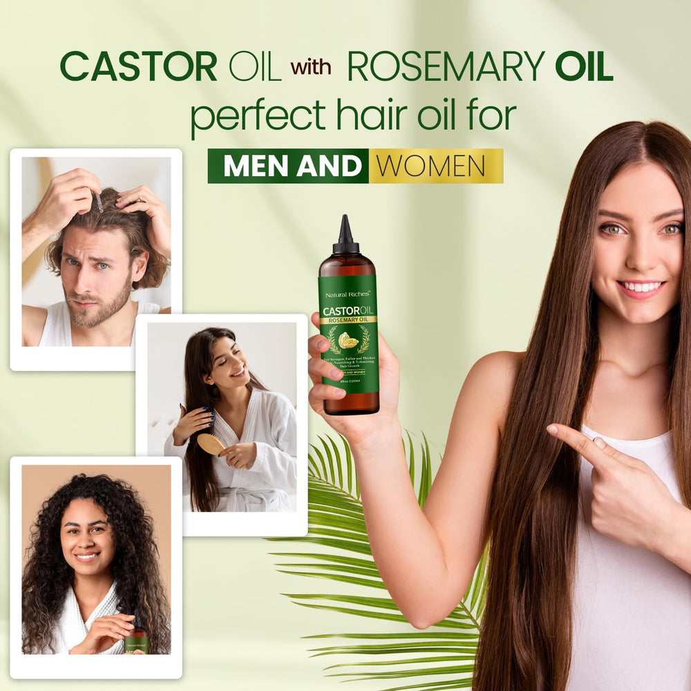 Natural Riches Castor Oil with Rosemary with shampoo and conditioner for added benefits.