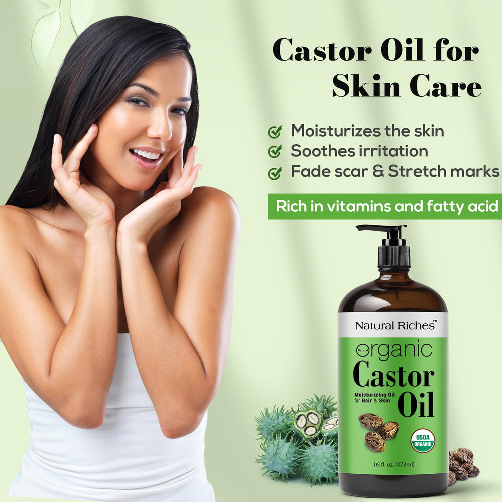 Natural Riches castor oil for skin care application shows versatile use.