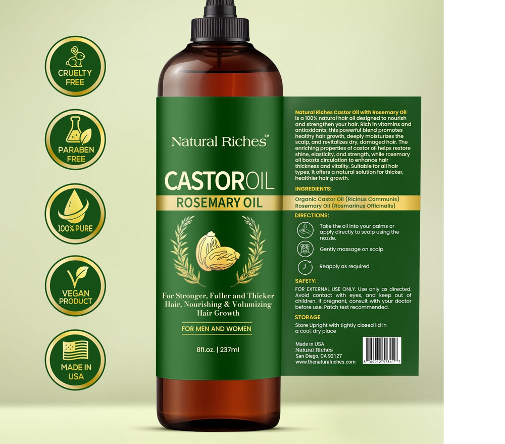 Natural Riches Castor Oil with Rosemary as a lightweight skin moisturizer.