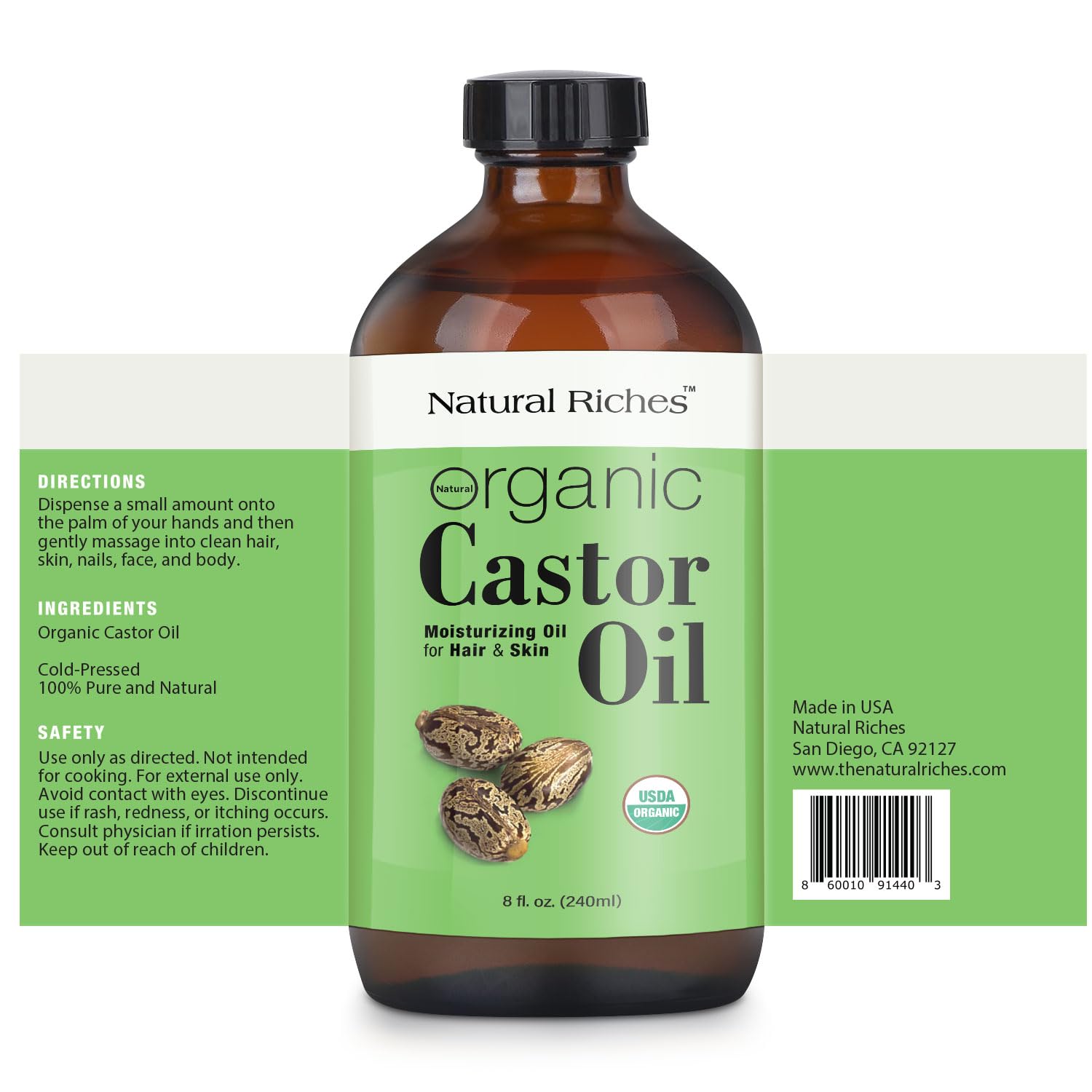 Natural Riches castor oil unrefined, cold-pressed to retain nutrients for daily use.