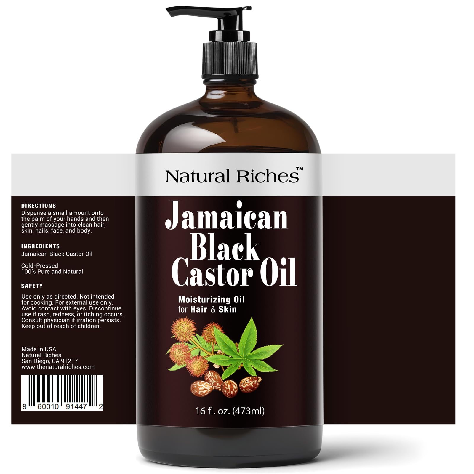 Natural Riches cold-pressed black castor oil glass bottle emphasizes premium skin and scalp care.
