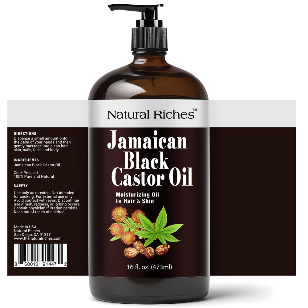 Natural Riches cold-pressed black castor oil glass bottle emphasizes premium skin and scalp care.