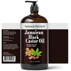 Natural Riches cold-pressed black castor oil glass bottle emphasizes premium skin and scalp care.