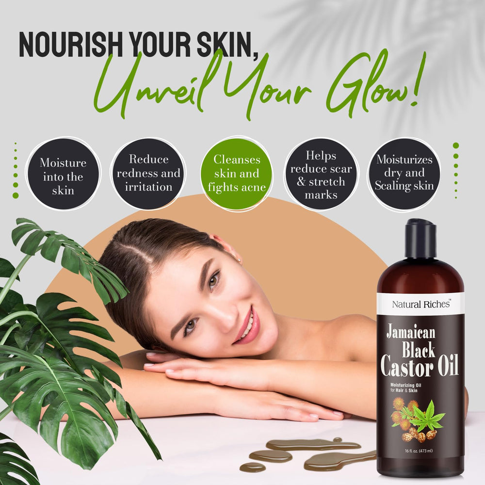 Natural Riches Jamaican Black Castor Oil for hair care promotes stronger-looking strands.