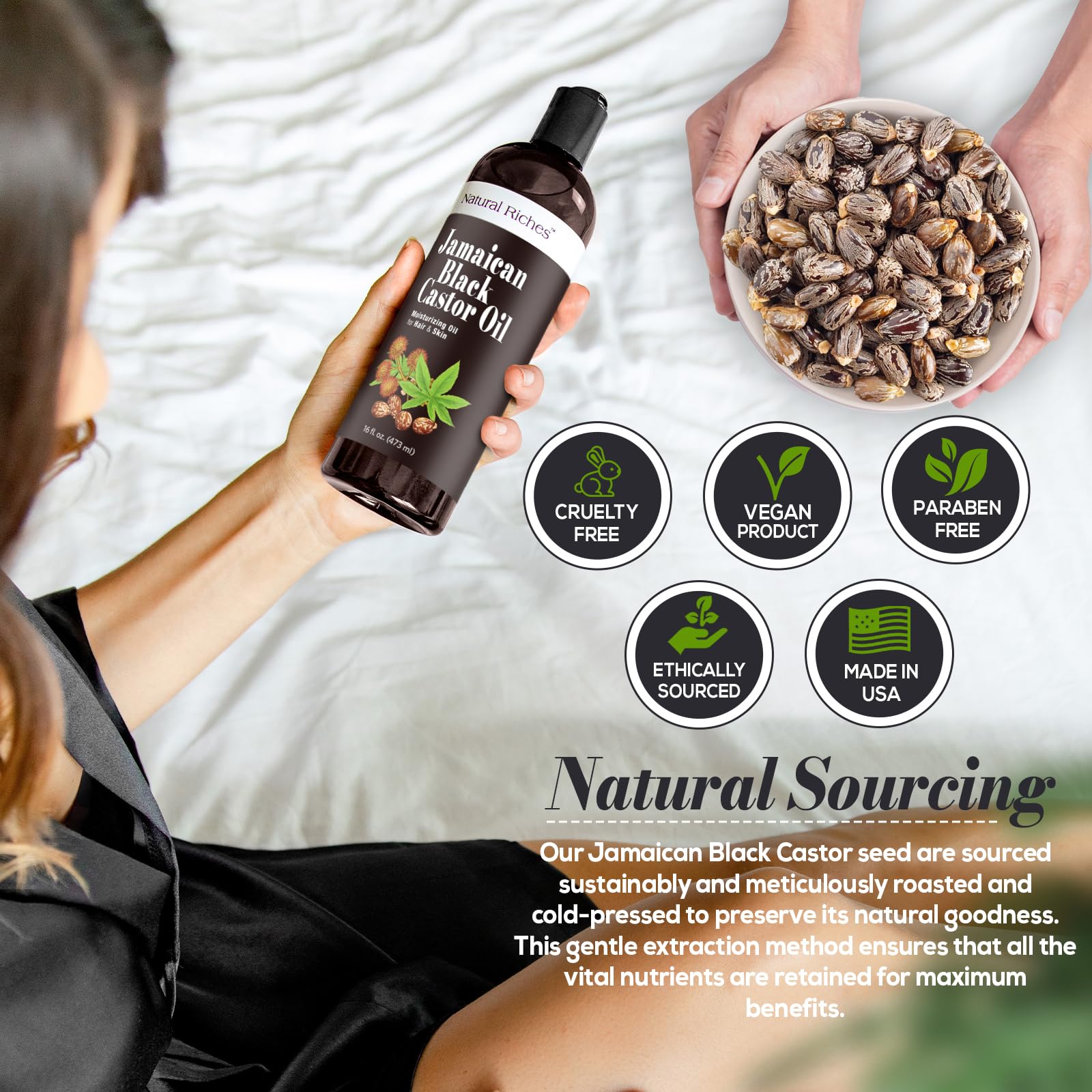 Natural Riches Jamaican Black Castor Oil jar label highlights authentic Jamaican sourcing.