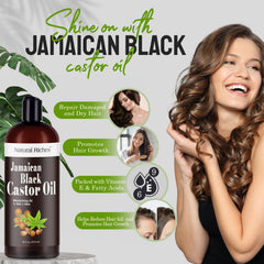 Natural Riches Jamaican Black Castor Oil raw pour emphasizes unrefined richness for hair and skin.