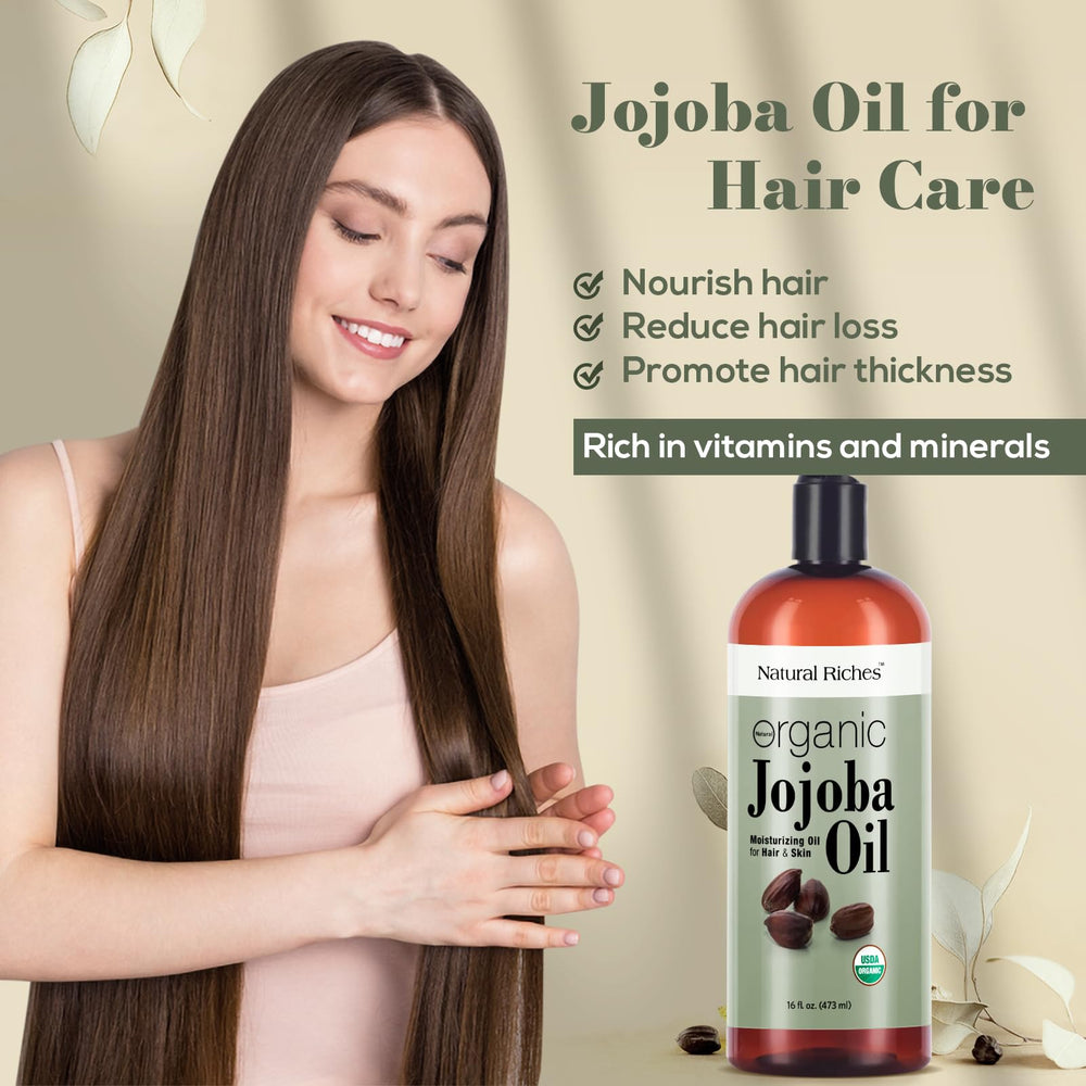 Natural Riches Jojoba Oil for hair ends illustrates versatile conditioning use
