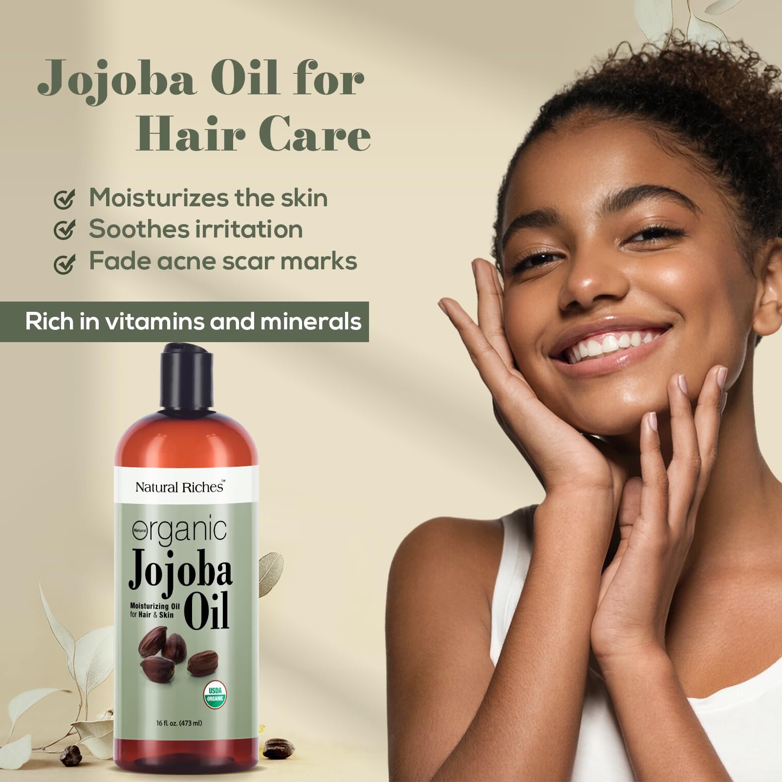 Natural Riches Jojoba Oil glass bottle with label indicating premium oil