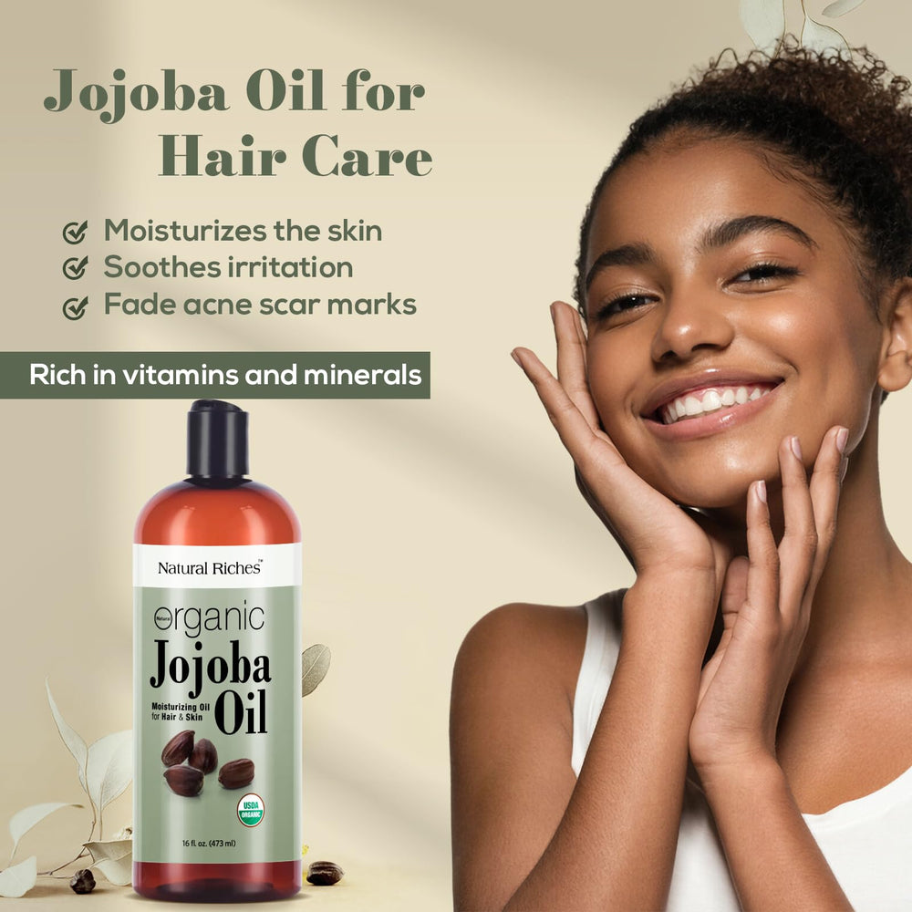 Natural Riches Jojoba Oil glass bottle with label indicating premium oil