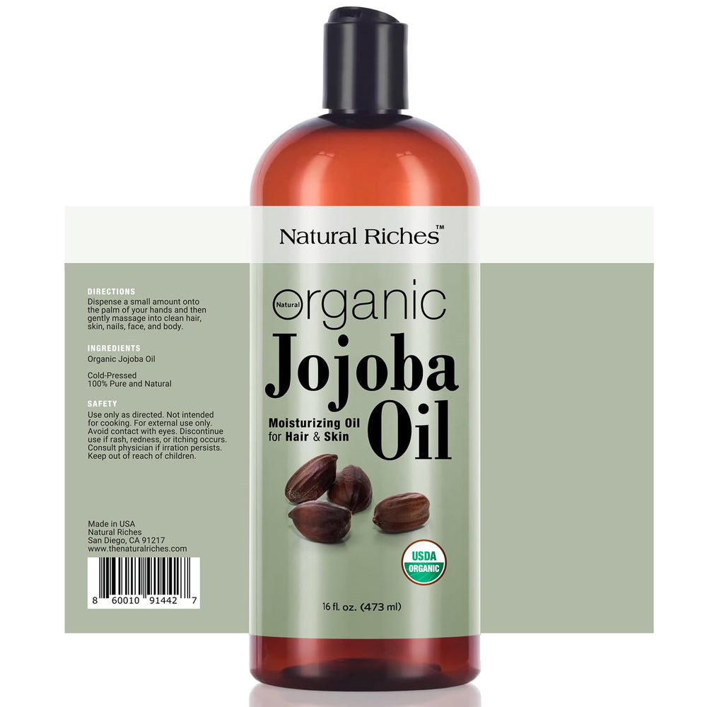 Natural Riches Jojoba Oil pour-spout demonstrates clean dispensing for skincare