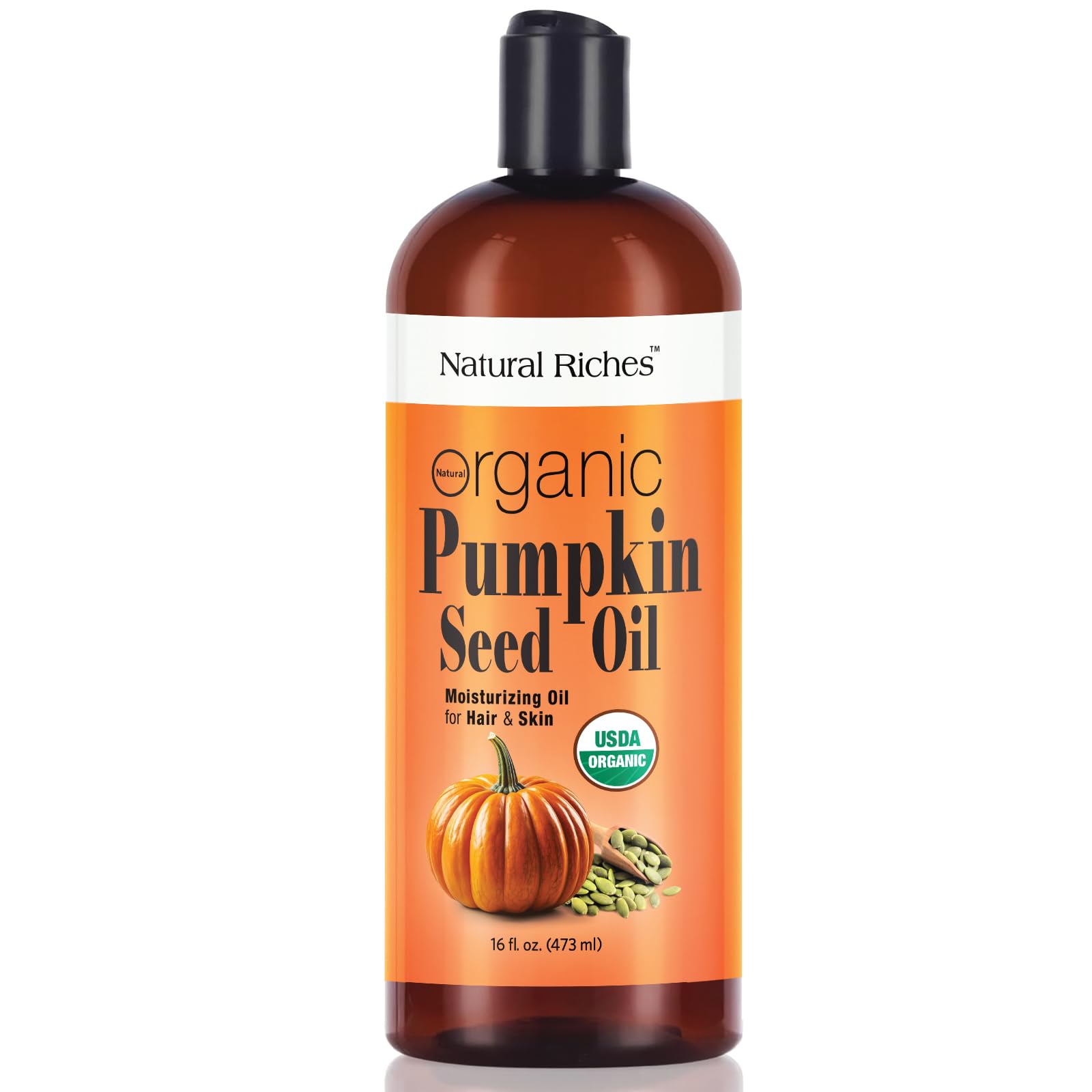 Natural Riches pumpkin seed oil full-size bottle for face, hair and body care.