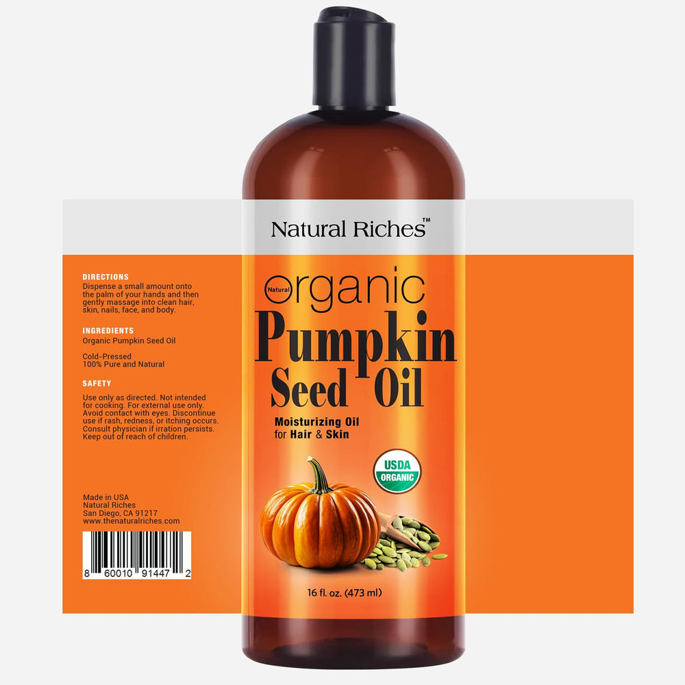 Natural Riches pumpkin seed oil label close-up highlighting USDA Organic purity.