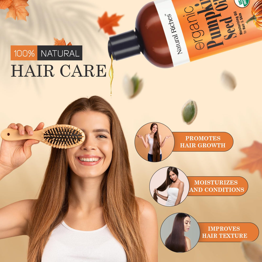 Natural Riches pumpkin seed oil on hair application for shine and conditioning.