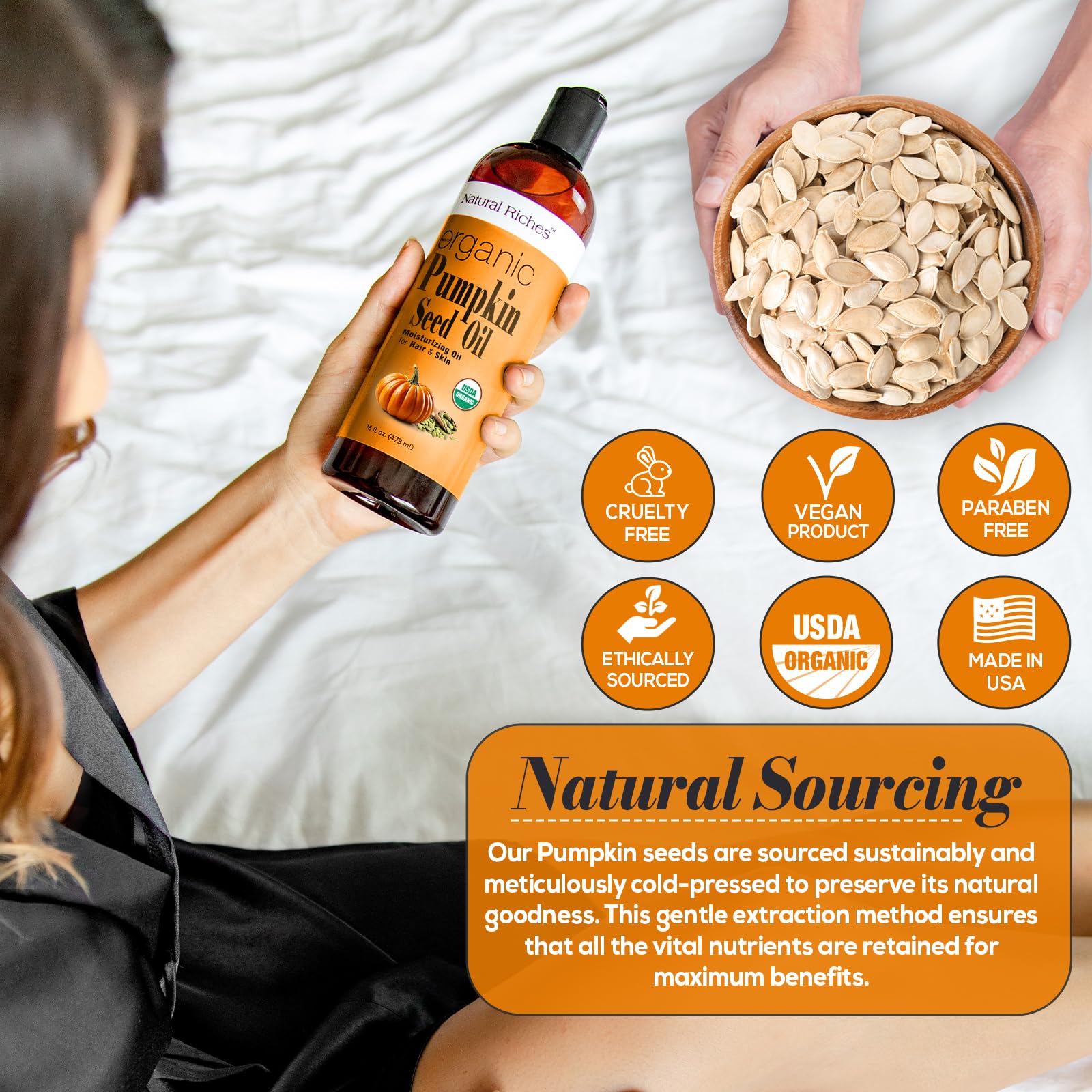 Natural Riches pumpkin seed oil on dry skin for deep moisture.