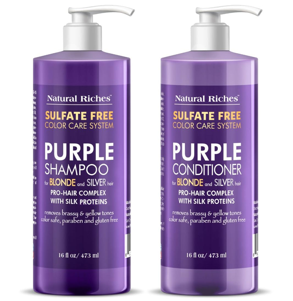 Natural Riches purple shampoo bottle reduces brassiness in blonde hair.