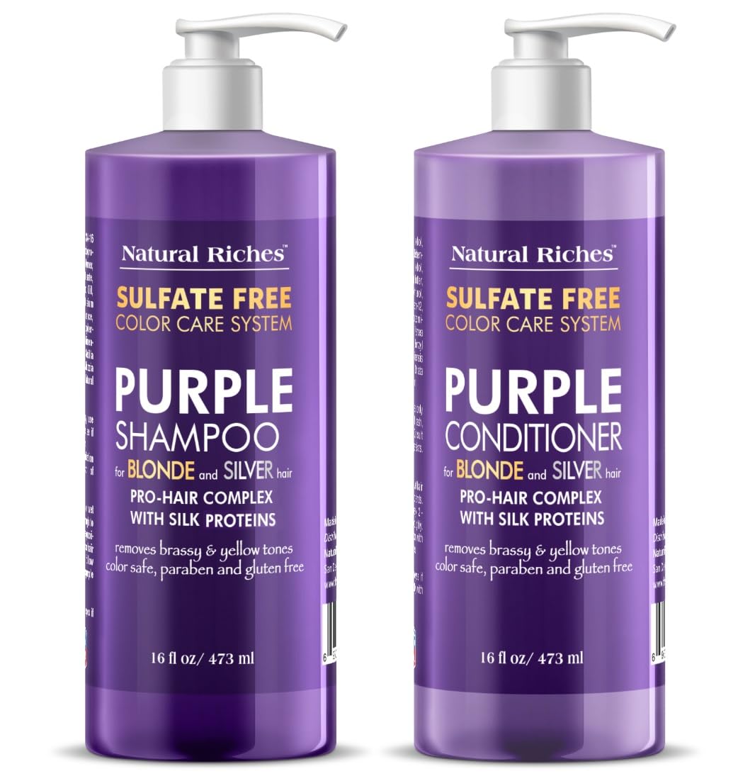 Natural Riches purple shampoo bottle reduces brassiness in blonde hair.