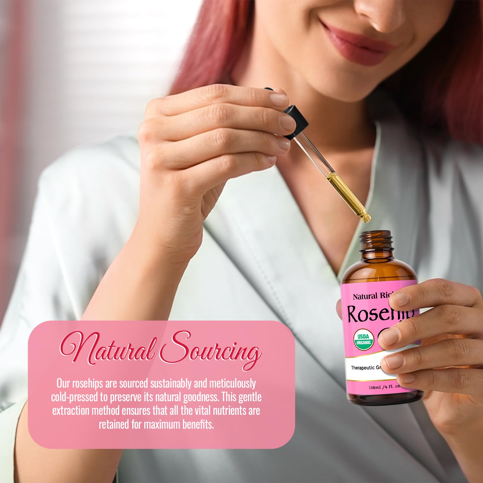 Natural Riches rosehip seed oil offers fast absorption with a non-greasy feel.