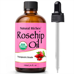 Natural Riches rosehip seed oil bottle 4oz for daily skin care.