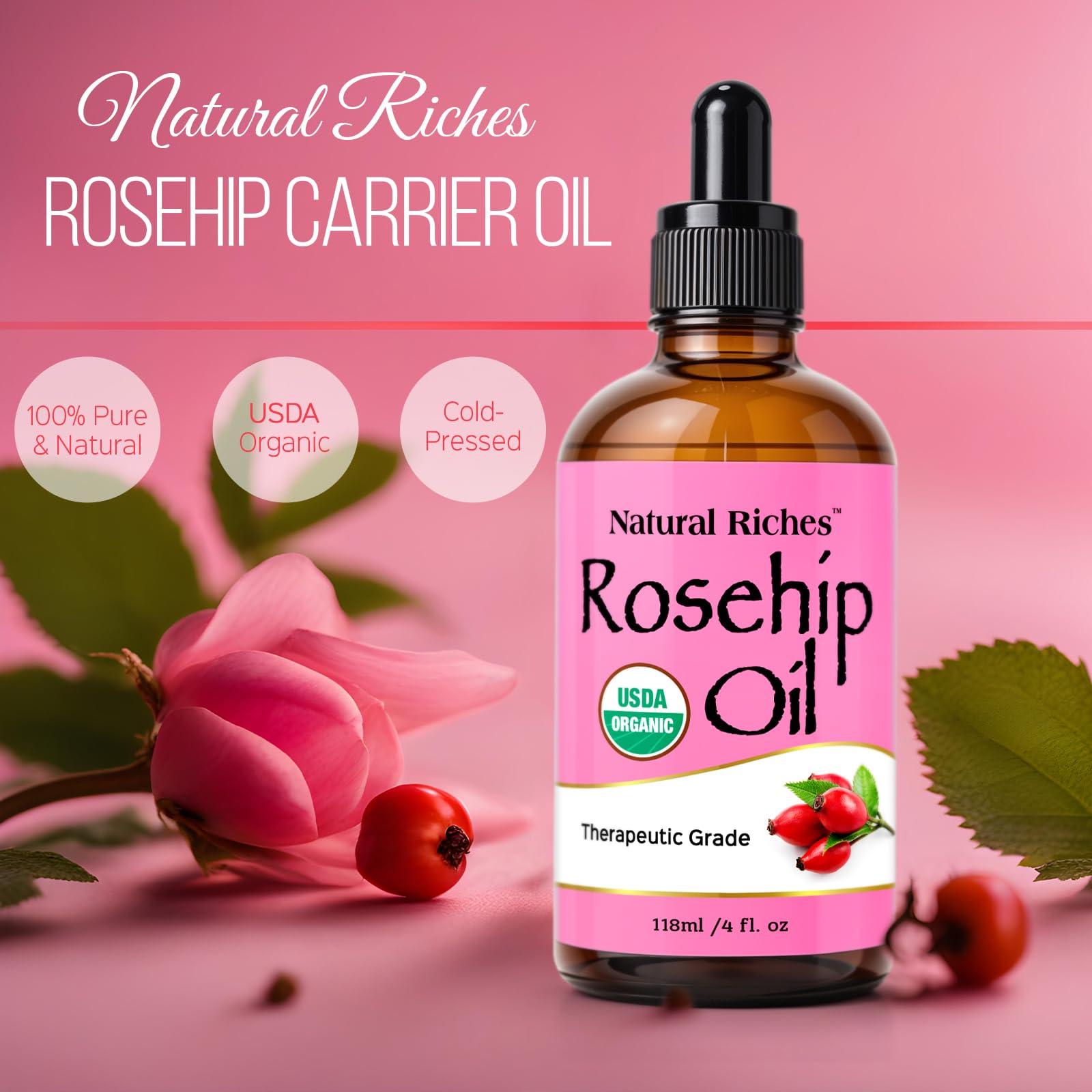 Natural Riches rosehip seed oil applied to the face for gentle hydration.