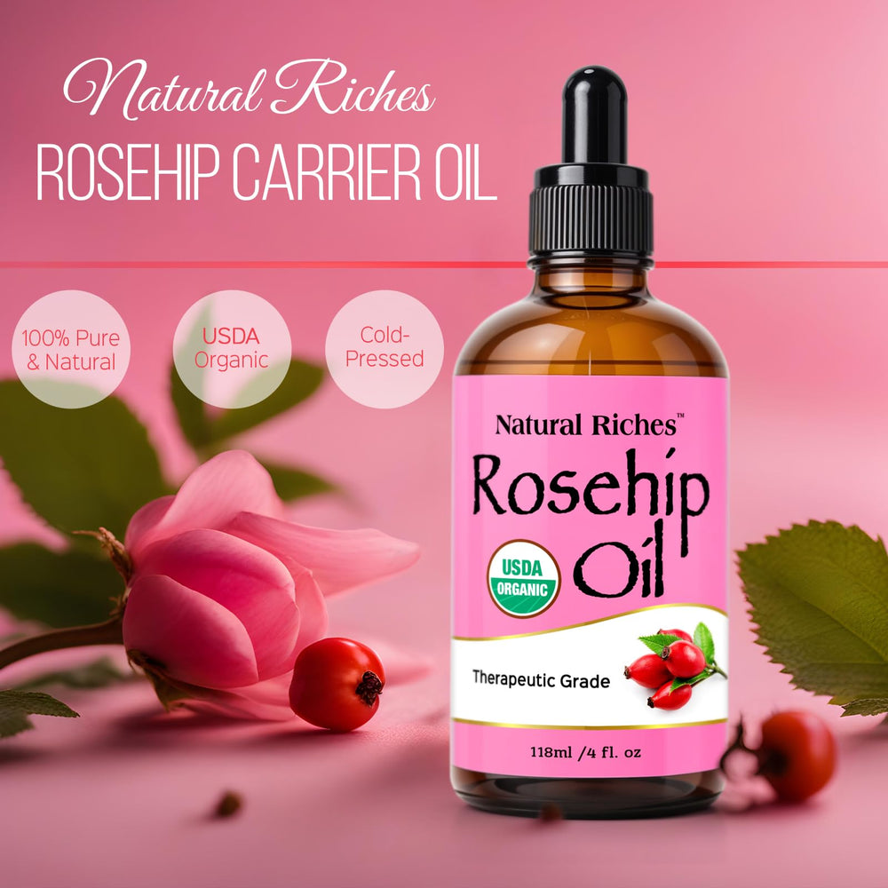 Natural Riches rosehip seed oil applied to the face for gentle hydration.
