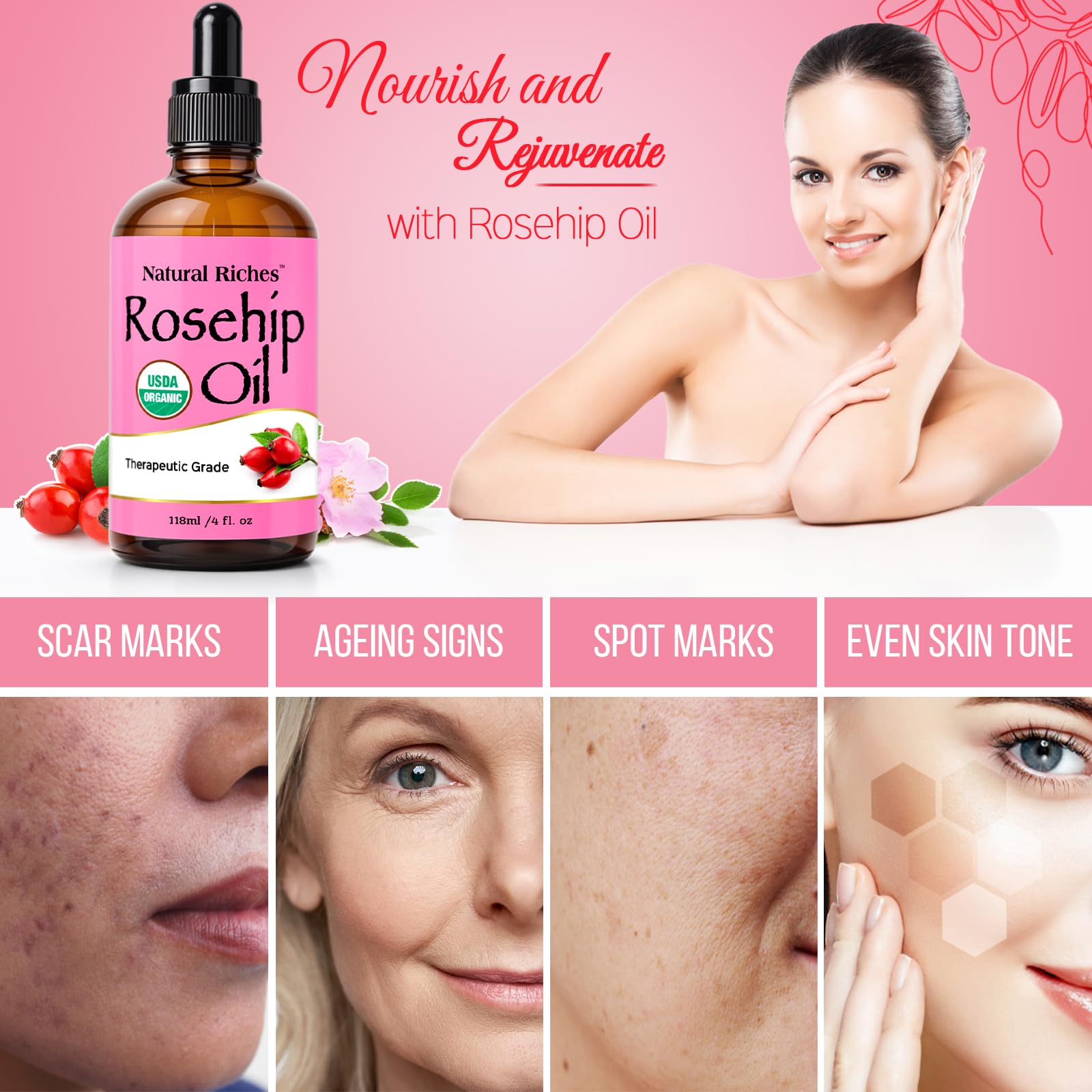 Natural Riches rosehip seed oil ingredients label highlights organic origins.
