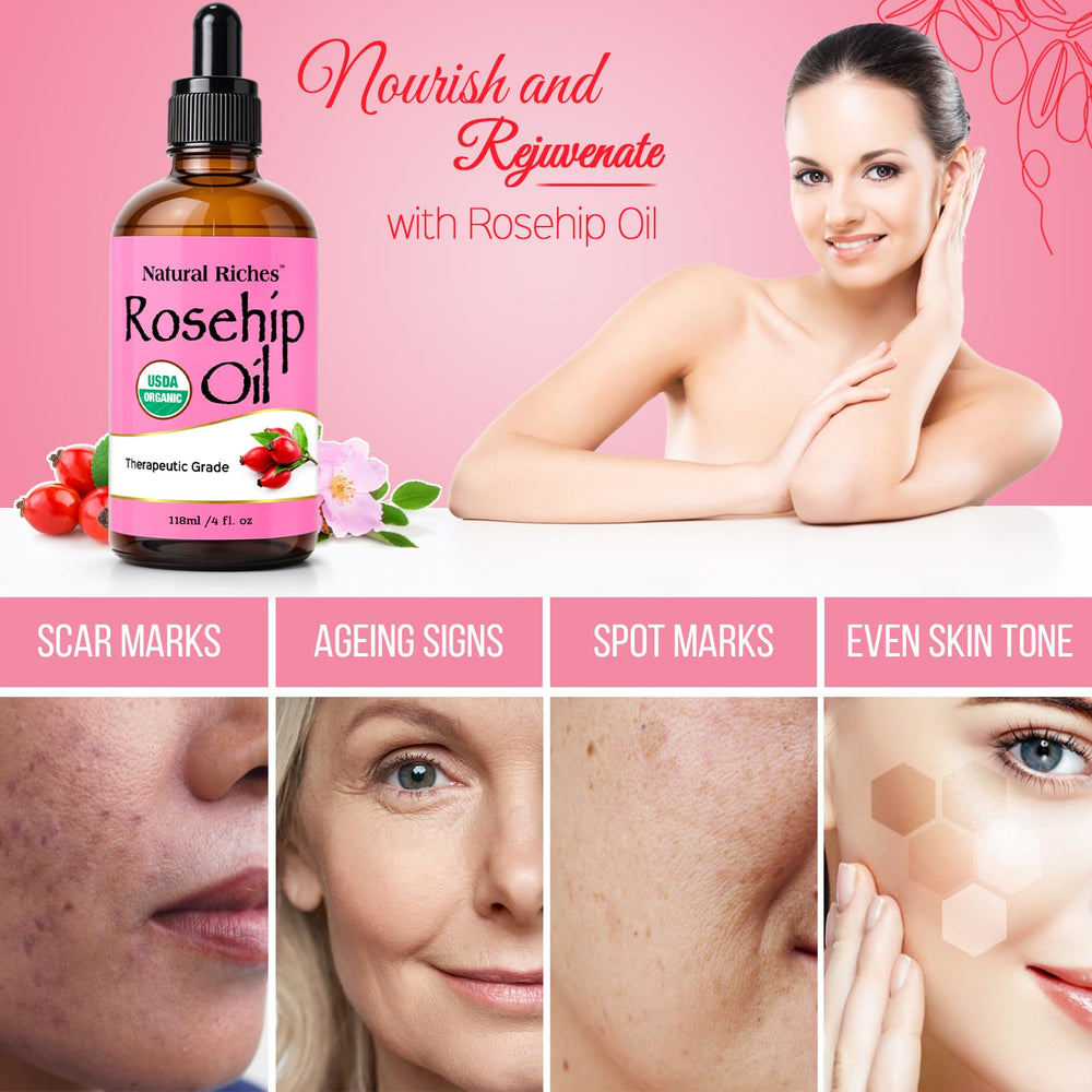 Natural Riches rosehip seed oil ingredients label highlights organic origins.