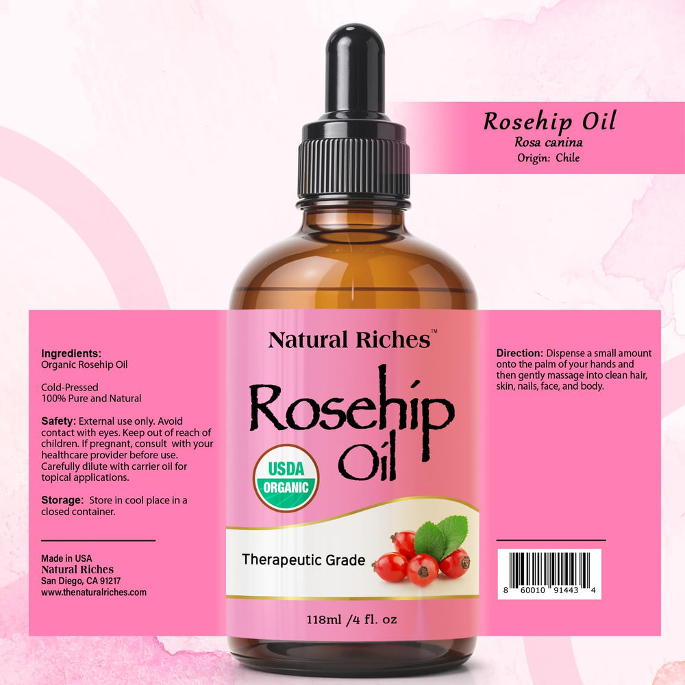 Natural Riches rosehip seed oil with pipette for precise application.