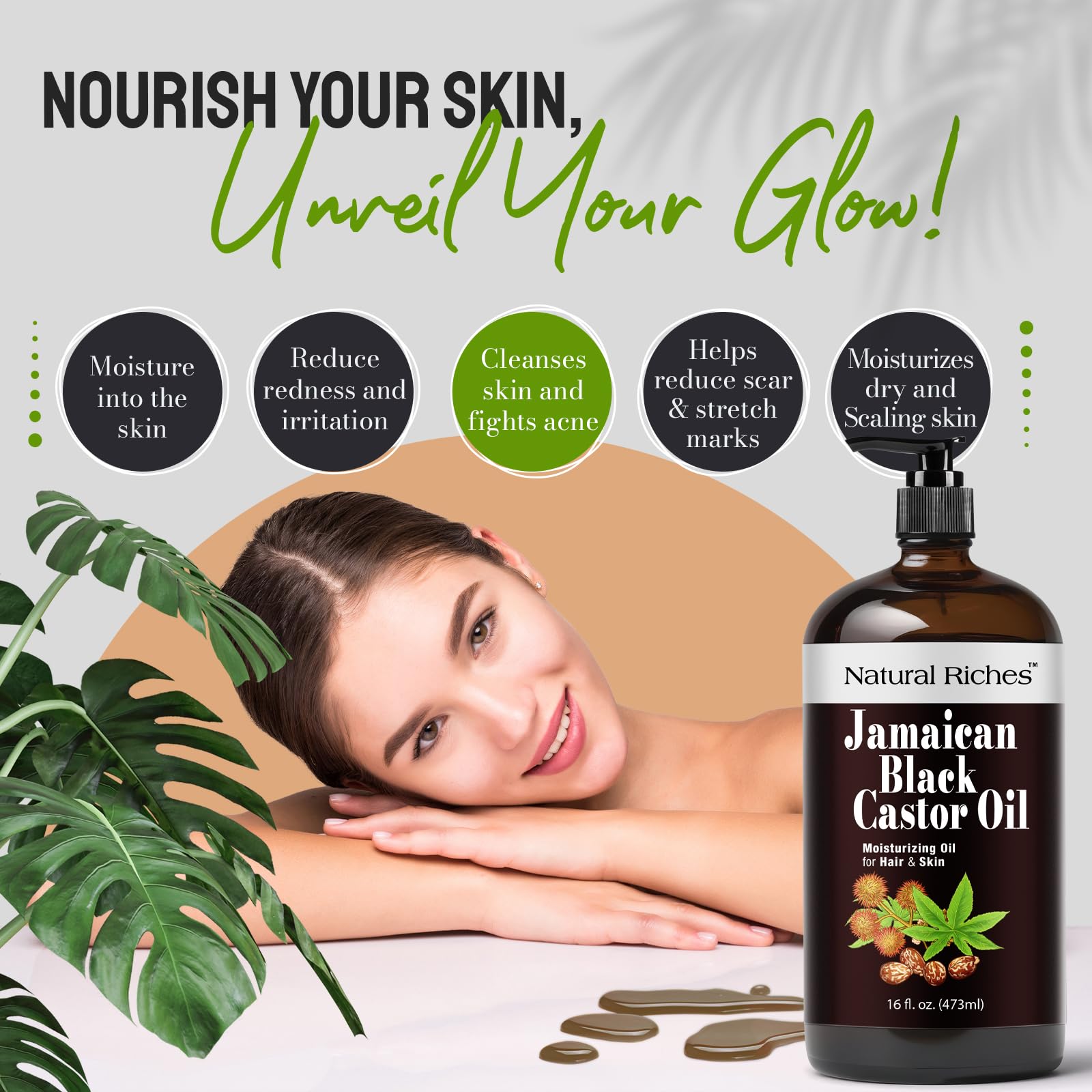 Natural Riches Jamaican oil close-up highlights nutrient-rich formula for scalp nourishment.