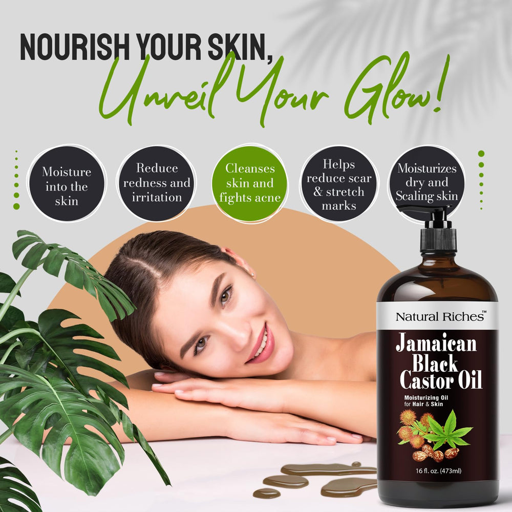 Natural Riches Jamaican oil close-up highlights nutrient-rich formula for scalp nourishment.