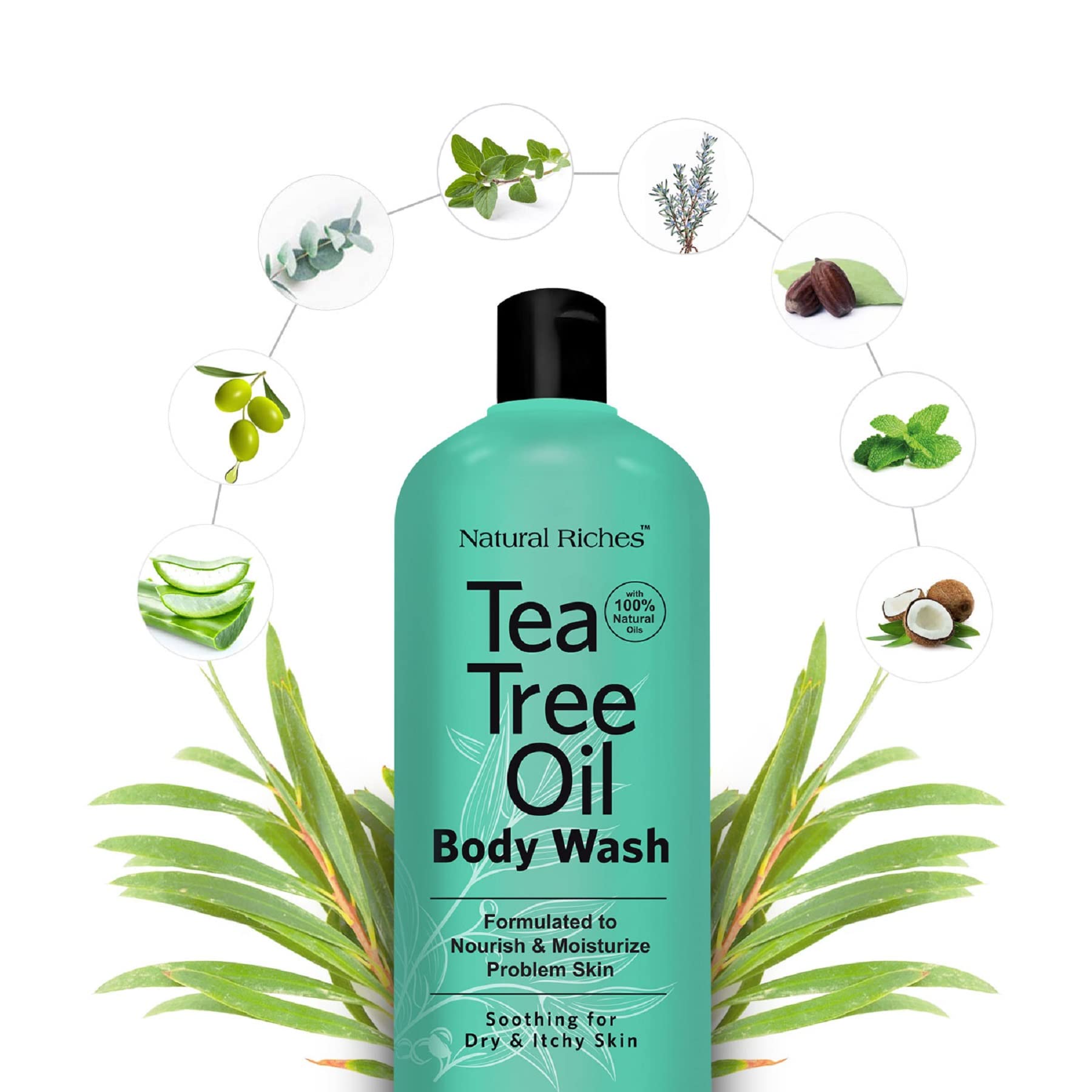 Natural Riches Tea Tree Body Wash pour reveals plant oils