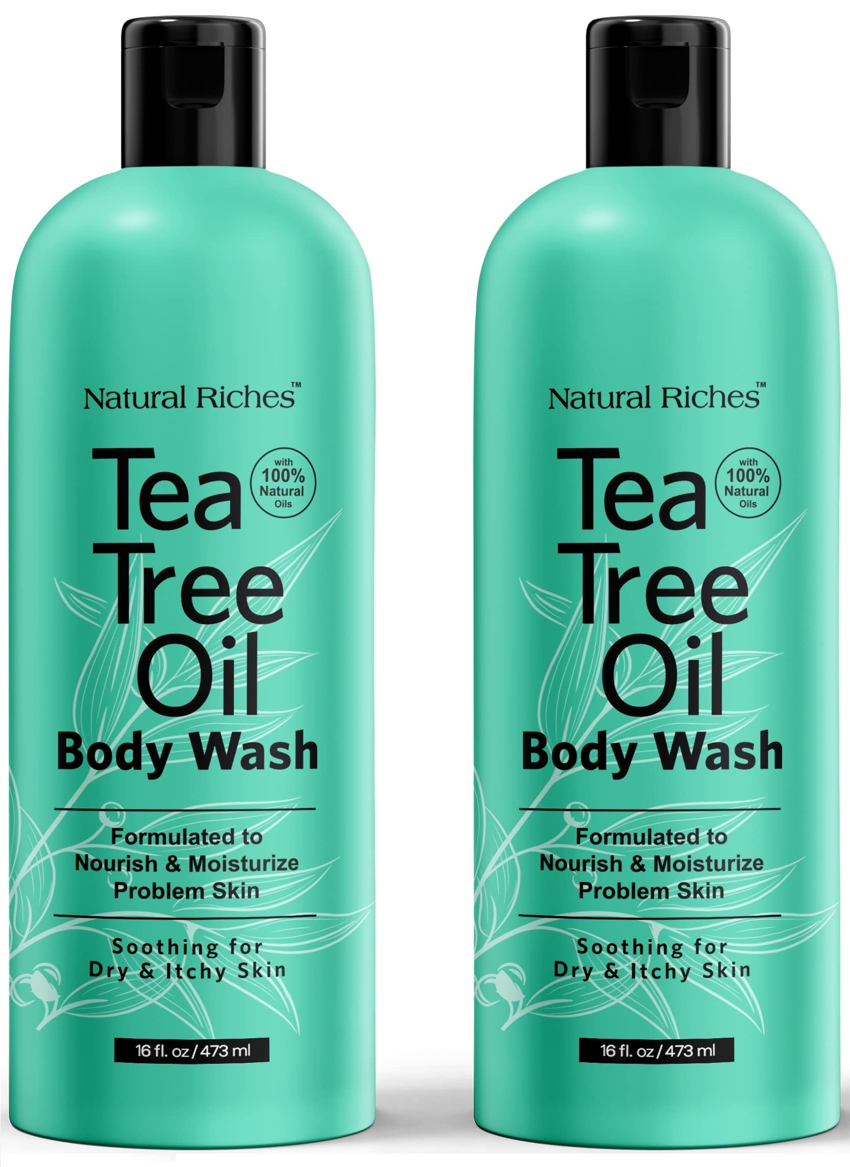 Natural Riches Tea Tree Oil Body Wash bottle close up for refreshing, hydrating skin