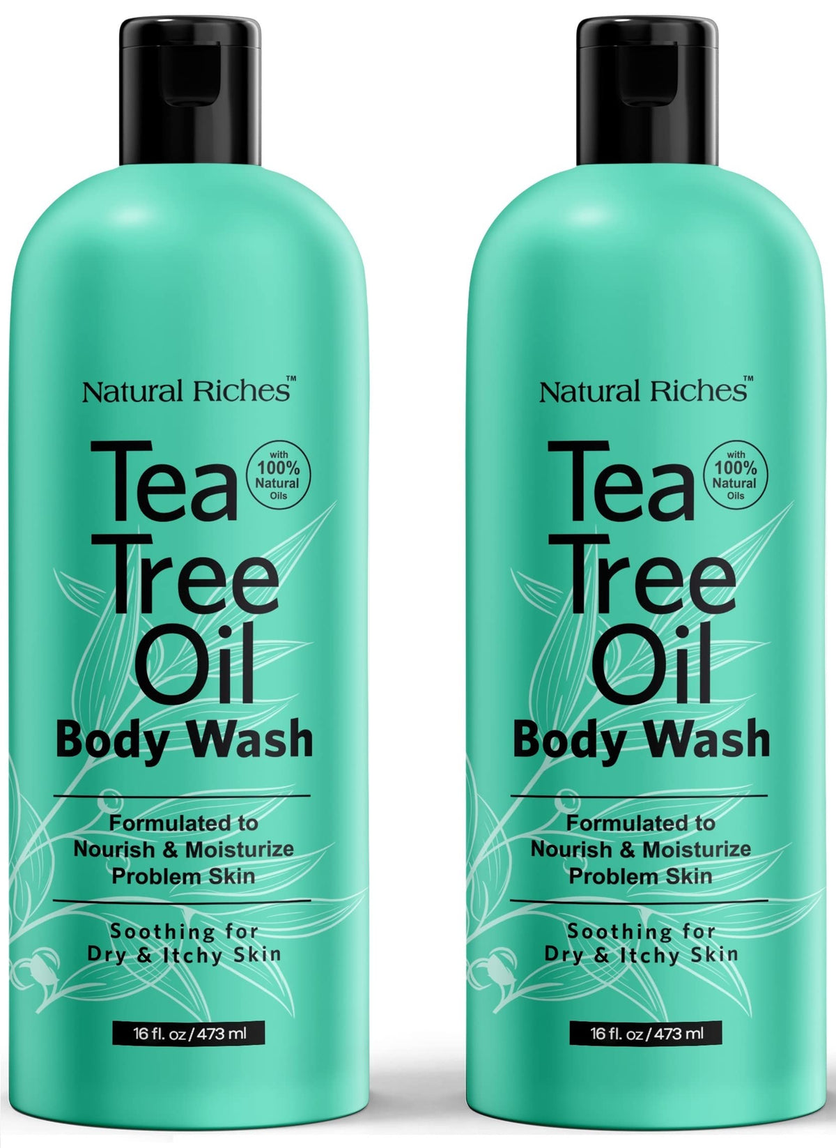 Natural Riches Tea Tree Oil Body Wash bottle close up for refreshing, hydrating skin