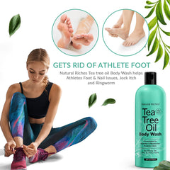 Ingredients blend of Natural Riches Tea Tree Oil Body Wash highlighting essential oils